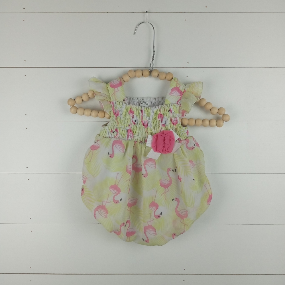 Baby Essentials girls size 9 mos ruffle smocked bright flamingo romper tulle